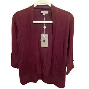 Evolution Burgundy Open Front Cardigan Ribbed Detail Button Sleeve Small‎
